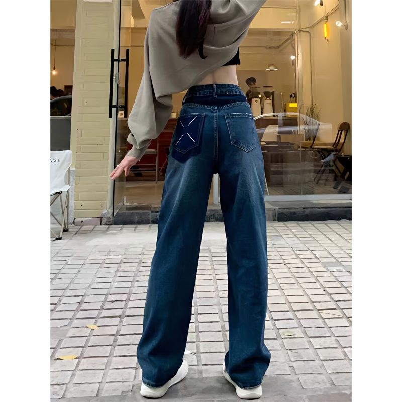 YSYOURS復古闊腿牛仔褲女春秋設計感小眾高腰大碼寬鬆直筒拖地褲