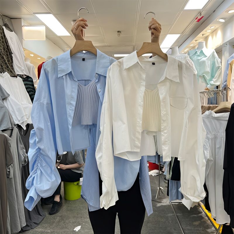 时尚衬衫套装女单件套装新款韩版针织背心+设计感褶皱衬衣两件套