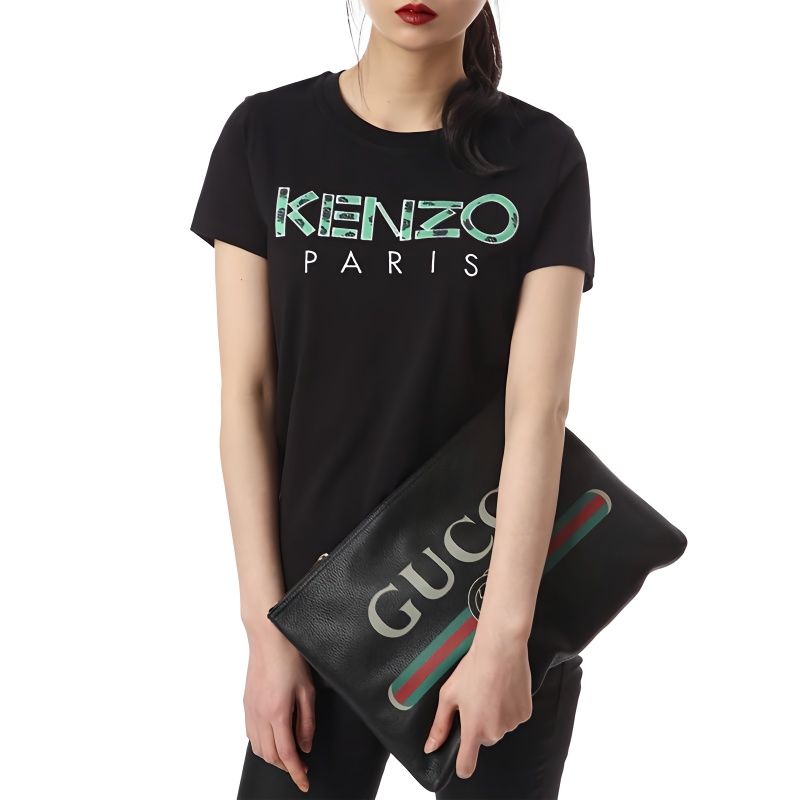 Kenzo, летняя черная футболка с коротким рукавом, круглый воротник