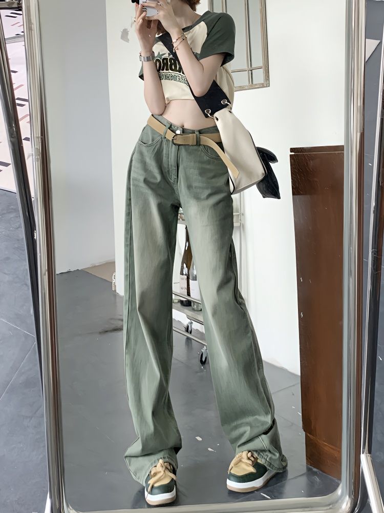 美式高街直筒牛仔褲女秋復古設計感綠色休閒加長版拖地褲子ins潮