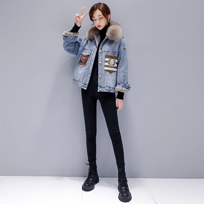 European station winter denim stitching Parker padded women's short section plus velvet thickened lamb wool padded jacket small man