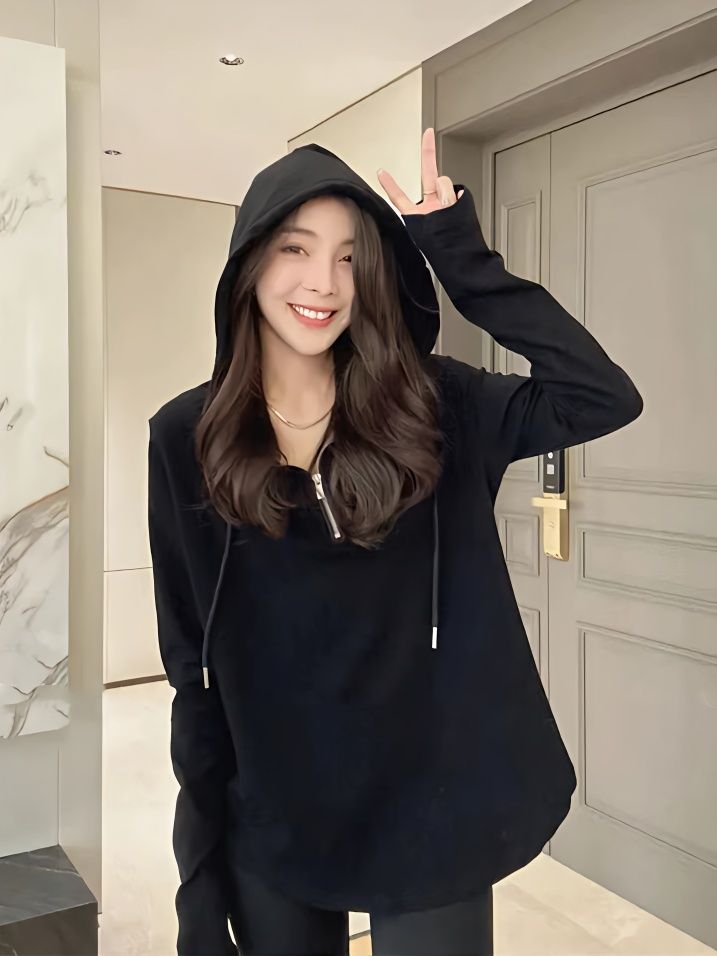 純棉正肩中長款長袖t恤女春秋設計感小眾拉鏈上衣寬鬆連帽打底衫