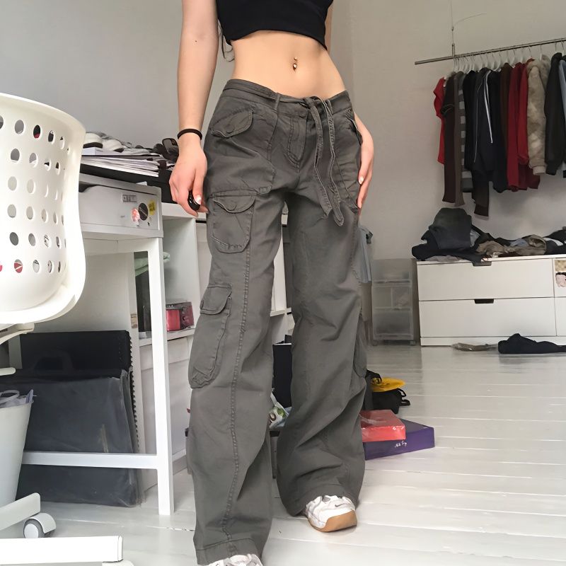 Rapcopter European and American street belt work jeans women's multi-pocket loose slimming straight casual pants trendy