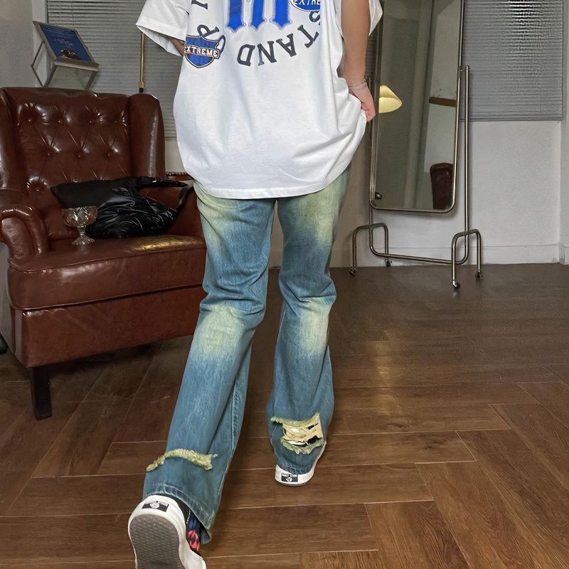 美式復古洗水做舊藍牛仔褲男女百搭直筒寬鬆破洞長褲子高街潮ins