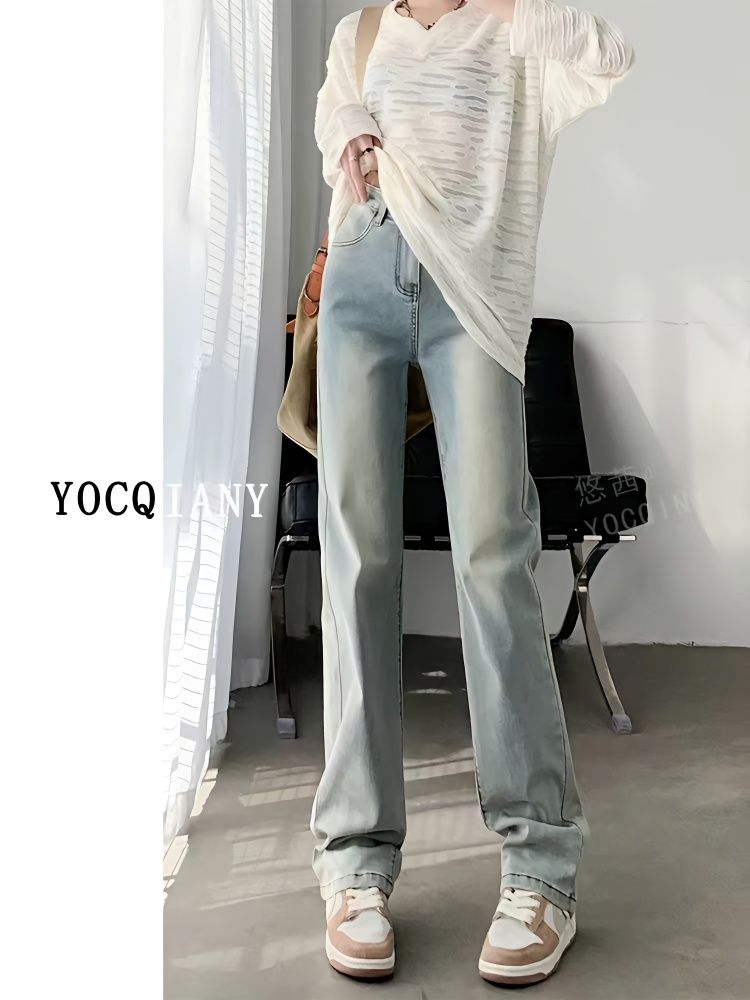 YSYOURS水洗藍窄版直筒牛仔褲女春秋高腰顯瘦大碼垂感拖地長褲