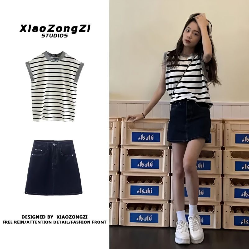 兩件套裝/單件夏款小清新寬鬆條紋無袖T恤上衣女高腰牛仔半身裙子