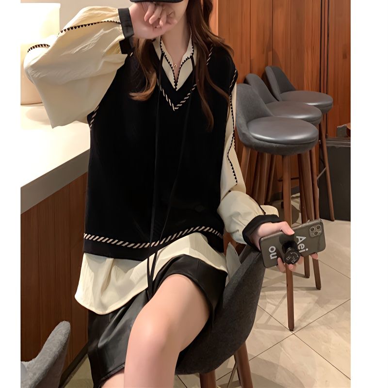 兩件套裝/單件韓系小眾V領毛衣女氣質輕熟疊穿針織馬甲背心+襯衣