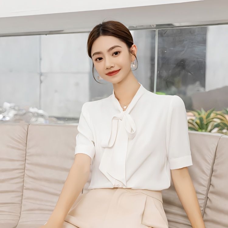格瑞吉奧蝴蝶結系帶白色襯衫女夏新款時尚百搭洋氣職業裝短袖襯衣