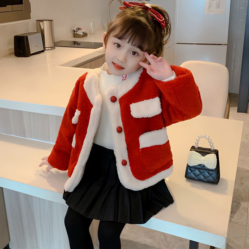 兒童棉衣2023新款女小童加絨加厚毛毛衣女童聖誕拜年服紅色外套冬