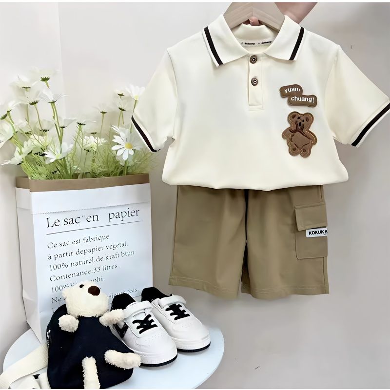 Children's suit boys summer short-sleeved lapel shirt  baby boy Korean style college style cute embroidered T-shirt shorts