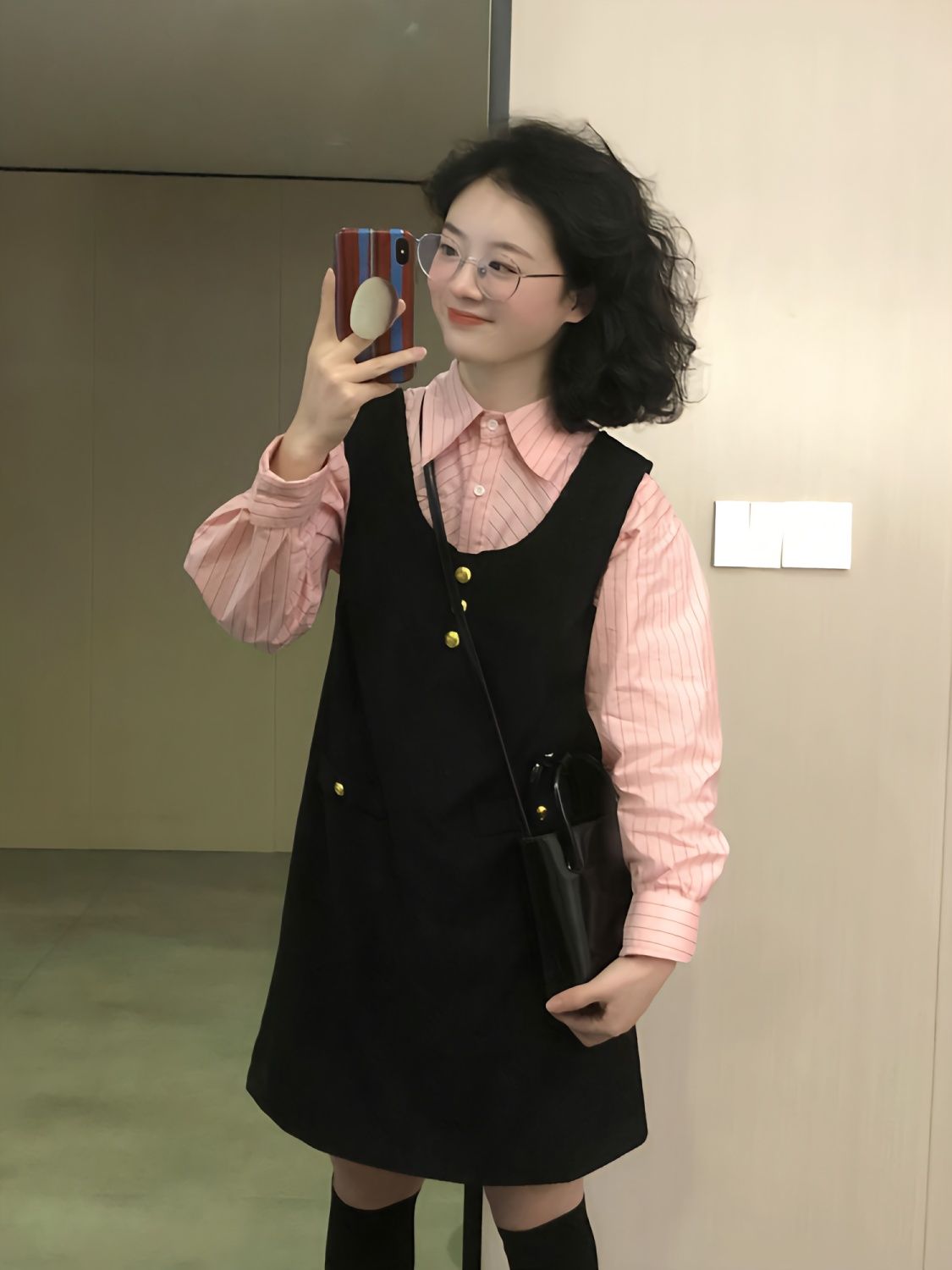 兩件套裝春秋新款小個子減齡背帶連衣裙子疊穿女穿搭條紋襯衫上衣