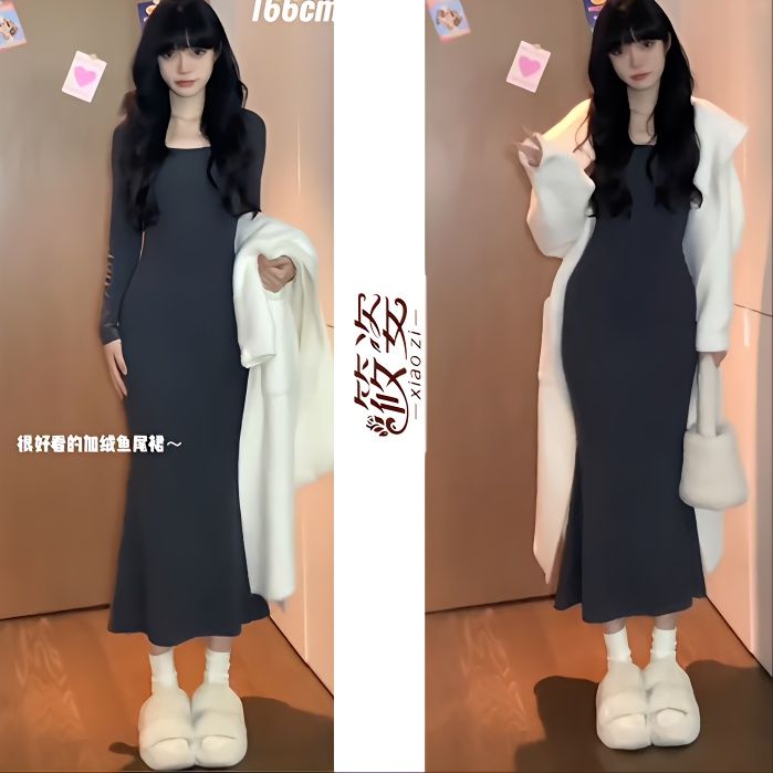 Xiaozi long mermaid skirt spring self-cultivation and thin bottoming dress Korean version of stepmother skirt skirt square collar  new