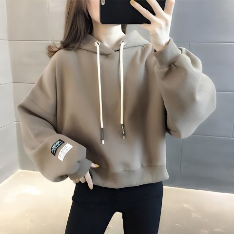 2023年時尚女短款潮流爆款加絨連帽衛衣寬鬆韓版秋冬衛衣女小個子