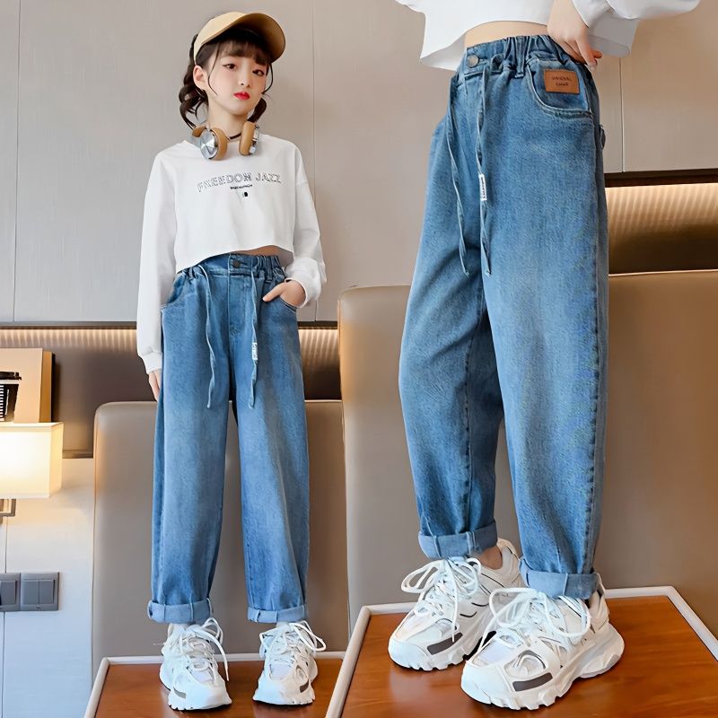 男女童褲子2023新款春秋中大童牛仔褲寬鬆兒童老爹褲外穿12到15歲