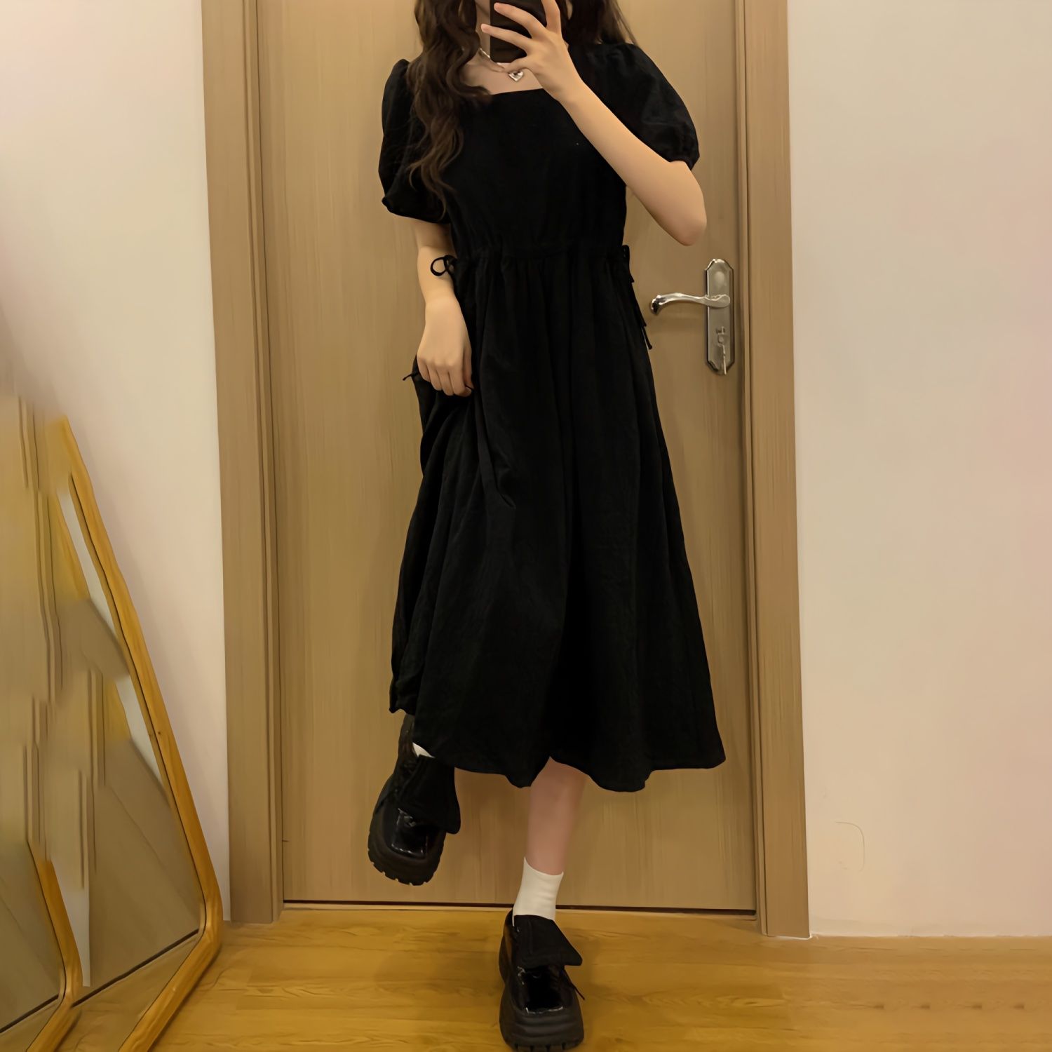 College style sweet age-reducing puff sleeve dress female student summer high waist drawstring slim mid-length A-line skirt