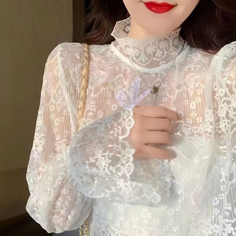 超仙的蕾絲衫女2023秋冬新款長袖網紗百搭上衣繡花邊內搭打底衫