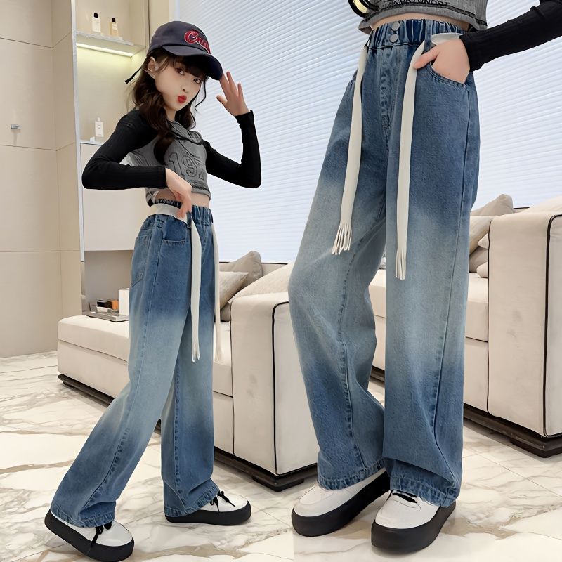 女童褲子春秋2023新款直筒牛仔褲兒童中大童裝春季闊腿休閒長褲潮