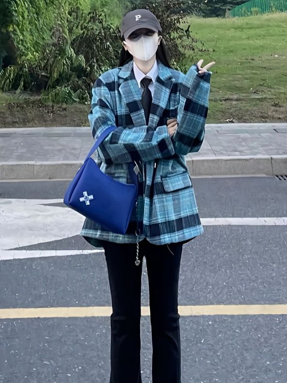 Plaid suit jacket women's spring and autumn new college style Japanese style small man loose slim temperament suit jacket