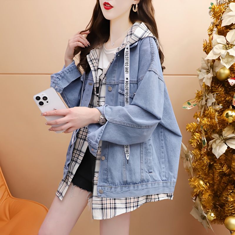 寬鬆假兩件連帽牛仔外套女春秋2023年新款春季洋氣百搭慵懶風上衣