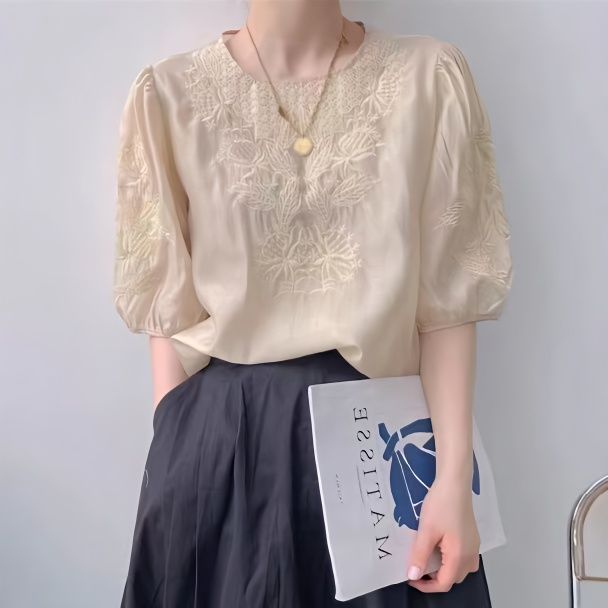 歐洲站重工刺繡短袖小衫女2023夏季新款時尚泡泡袖高級感上衣洋氣