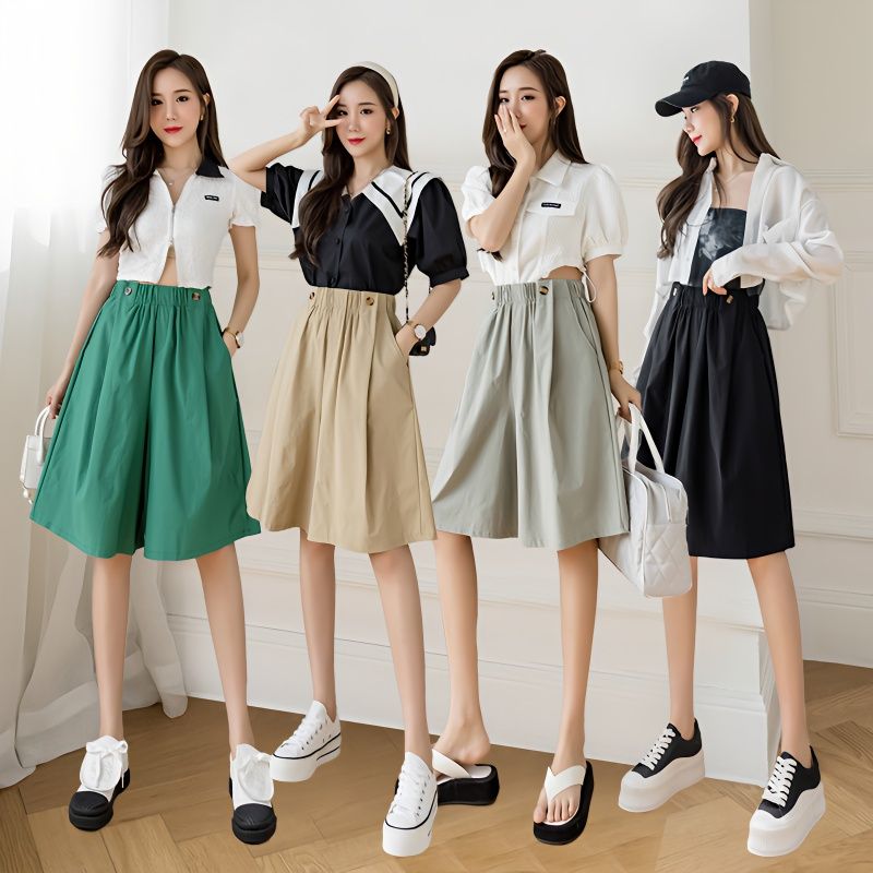Summer new wide-leg shorts for small women, fashionable thin high-waisted, flesh-covering, slim and drapey casual pants, five-quarter pants