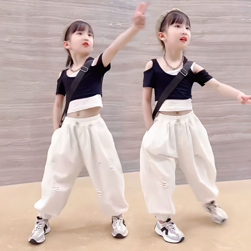 兒童短款上衣夏裝女童短袖純棉套裝2023新款洋氣女孩假兩件t恤潮