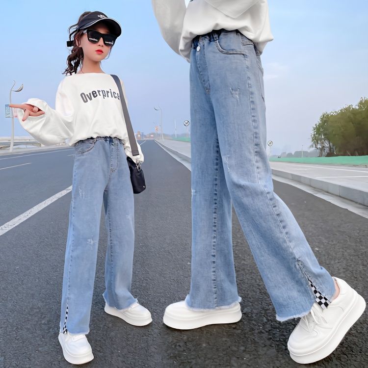 女童褲子春秋款2023新款兒童中大童外穿長褲牛仔褲女孩闊腿褲韓版
