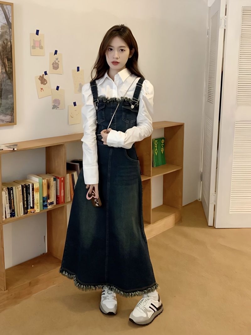 【高品質】小香風名媛套裝新款牛仔背帶連衣裙子吊帶裙女搭配襯衫