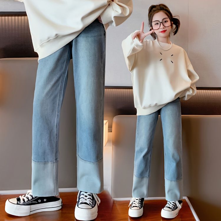 女童彈力翻邊直筒牛仔褲2023春秋新款兒童中大童女孩煙管春裝長褲