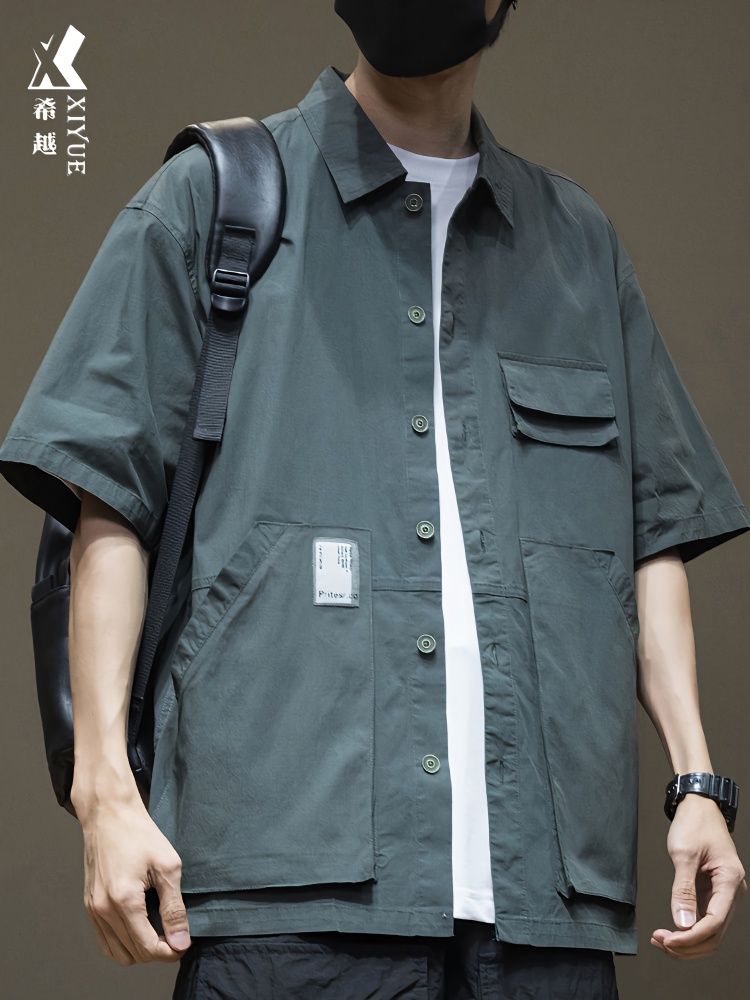 Tooling short-sleeved shirt men's thin section summer casual t-shirt men's summer loose multi-pocket outdoor sports shirt