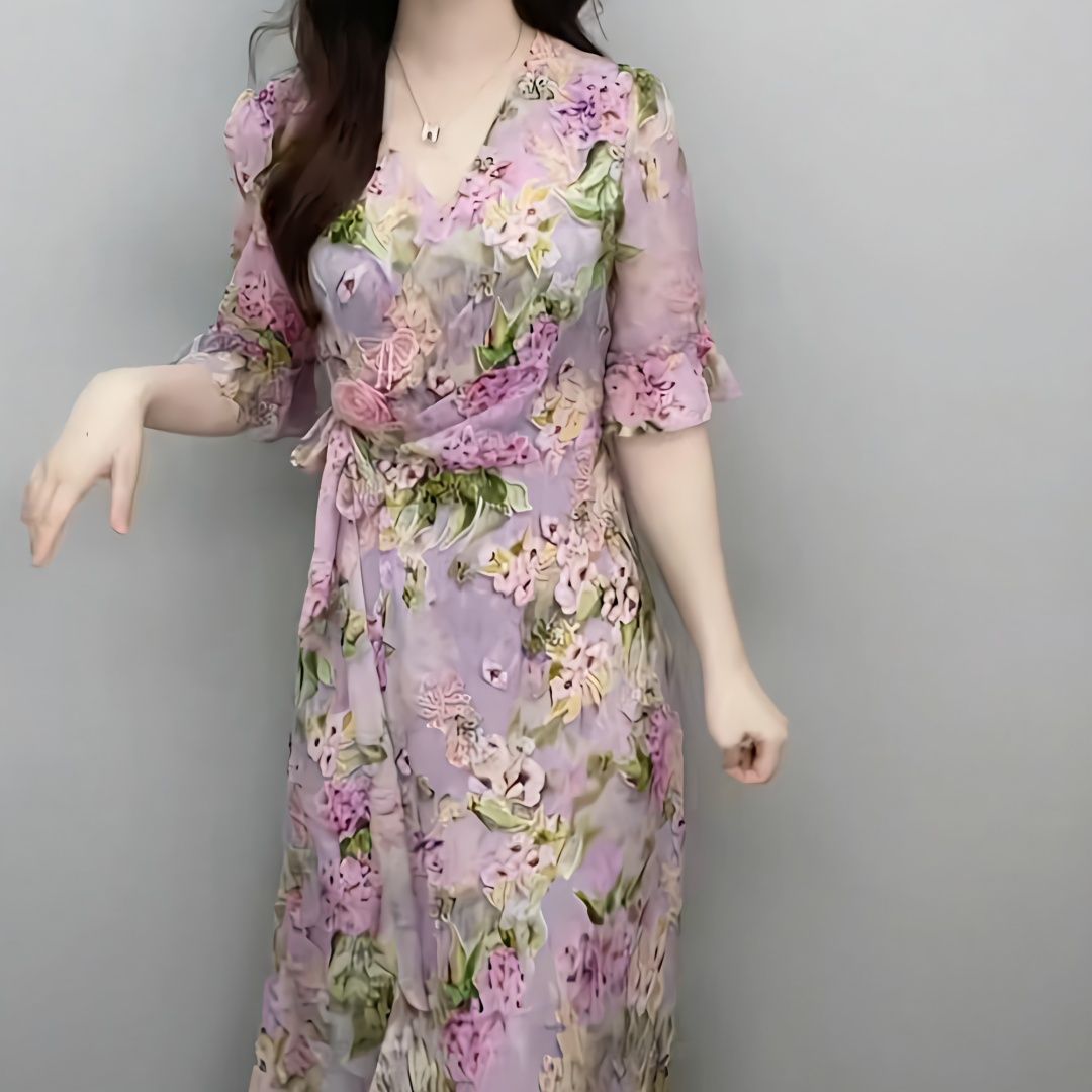 時尚芙蓉絲連衣裙2023新款女裝夏收腰顯瘦女人味側開叉度假風裙子