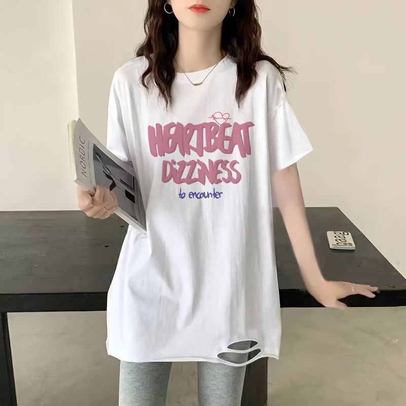 白色純棉破洞t恤女春夏新款短袖打底衫中長款遮屁股寬鬆ins上衣潮