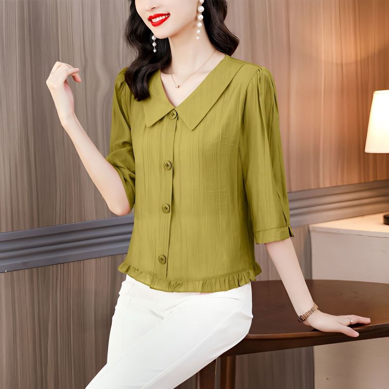 2023 summer new doll collar cotton and linen short-sleeved T-shirt women's mid-length loose belly-covering western-style shirt tops women