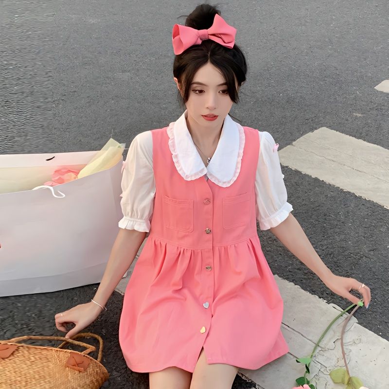 兩件套裝/單件夏季粉色牛仔背心連衣裙女短裙小個子+超仙短袖襯衫