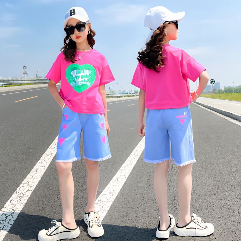 女童夏装套装2023新款儿童纯棉短袖小女孩韩版洋气牛仔中裤两件套
