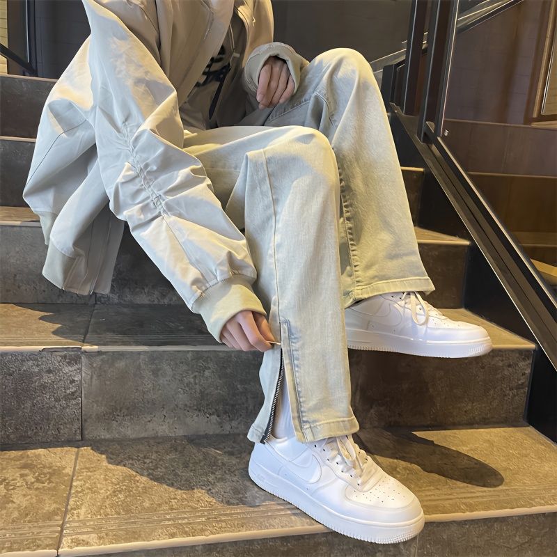 ootd褲子男高街vibe美式復古黃泥染牛仔褲修身直筒拉鏈開叉微喇褲