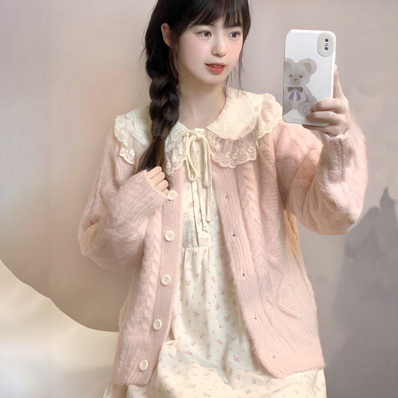 Japanese Sweet Round Neck Sweater Jacket Girls Knitted Cardigan + Doll Collar Floral Dress Two-Piece Suit