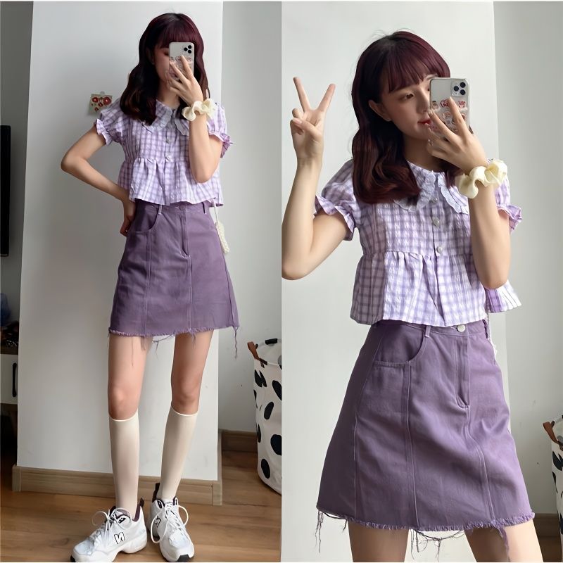 時尚套裝韓版甜美夏季新款娃娃領襯衫高腰半身短裙小個子兩件套潮
