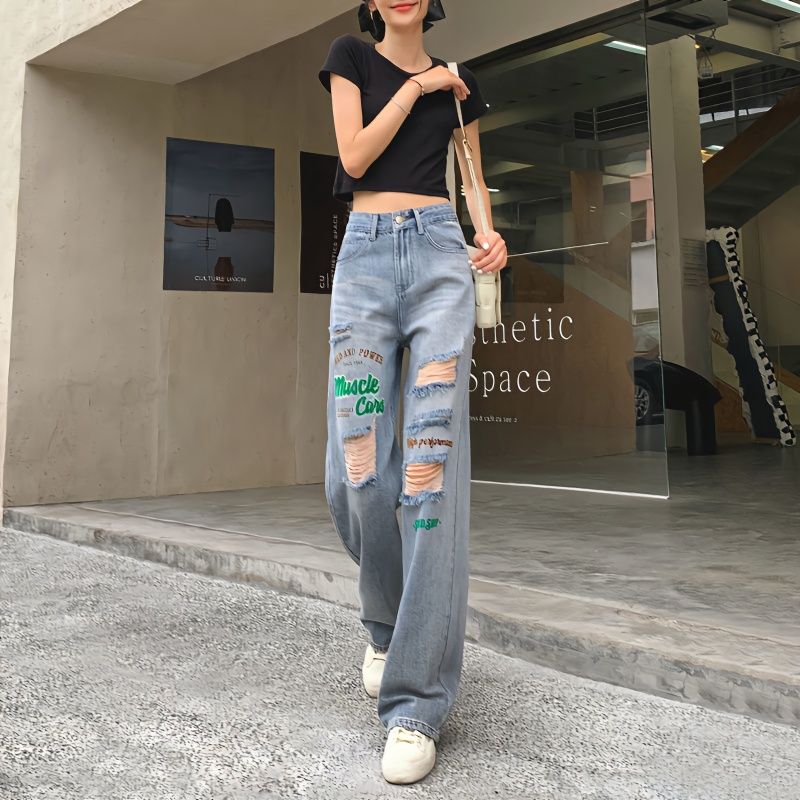 2023新款高腰破洞闊腿牛仔褲女夏季薄款顯瘦拖地褲寬鬆垂感直筒褲