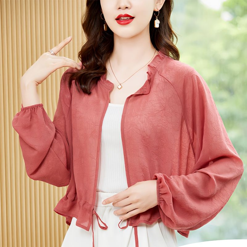 Sun protection clothing for women to wear outside  new style ice silk sun protection with suspenders small cardigan short chiffon shawl top blouse