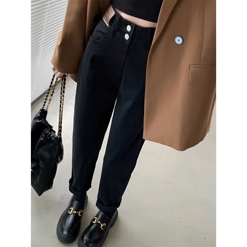 YSYOURS高腰哈倫牛仔褲女春秋大碼寬鬆顯瘦小個子黑色蘿蔔老爹褲