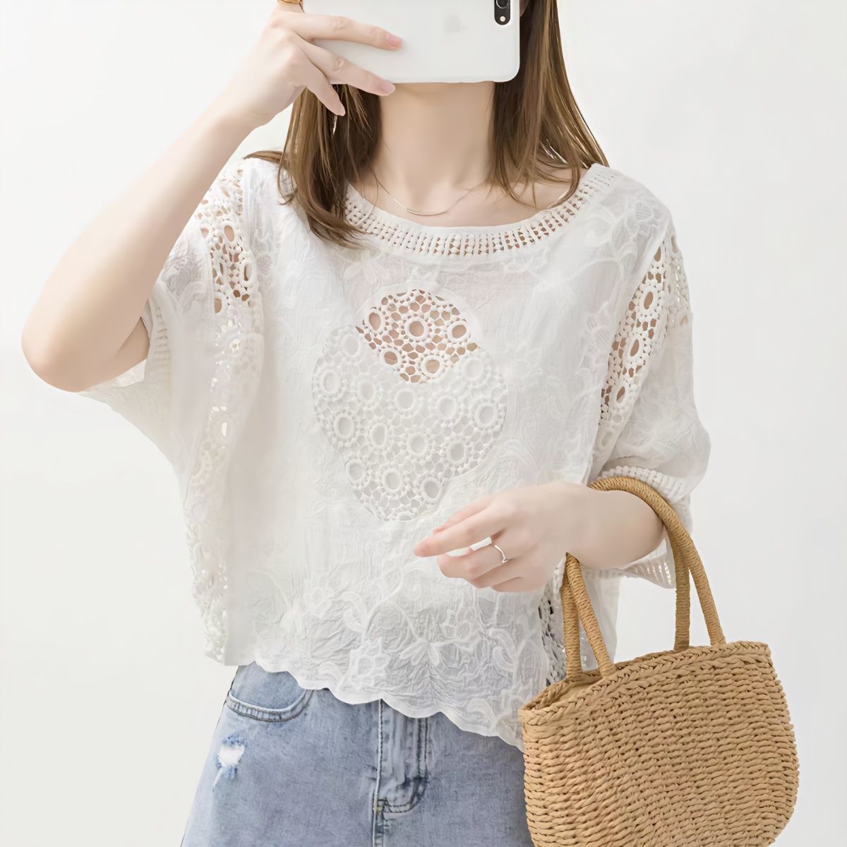 純棉超仙鏤空泡泡袖蕾絲衫短袖女2023夏新款寬鬆上衣洋氣防曬衣