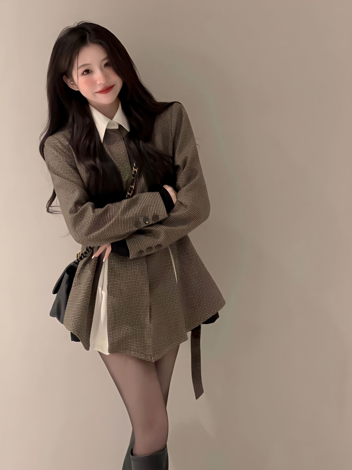 High-end niche temperament waist suit jacket women's spring and autumn new design sense retro plaid hit color top trend