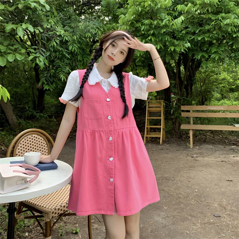 兩件套裝/單件夏季新款娃娃領白襯衣女甜美清新粉色牛仔背心裙ins