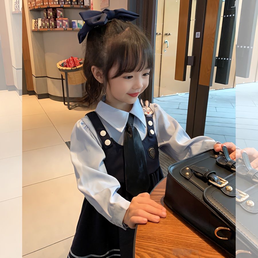 女童連衣裙春裝兒童2023新款學院風裙子周歲寶寶假兩件洋氣公主裙
