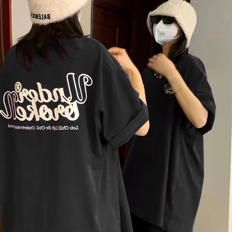 100%純棉上衣夏季2023年新款oversize印花短袖inst恤男女韓版寬鬆