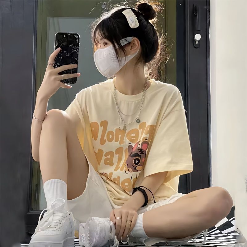 100%純棉短袖t恤女夏季oversize寬鬆半袖美式復古杏色學生上衣服
