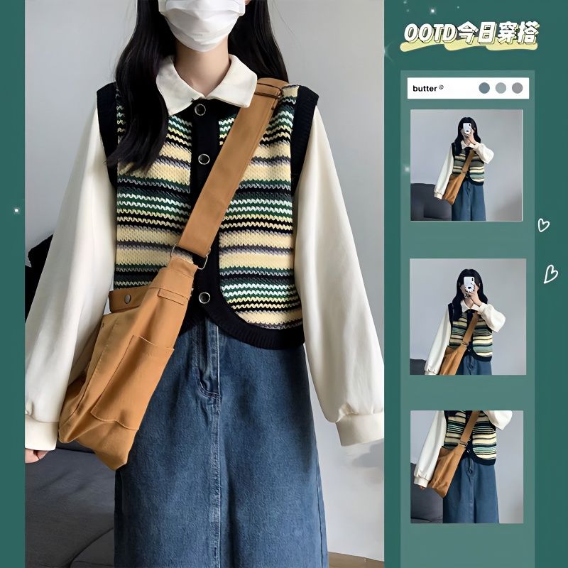 春秋新款波浪紋針織馬甲圓領拼色針織背心馬甲襯衫兩件套小個子女
