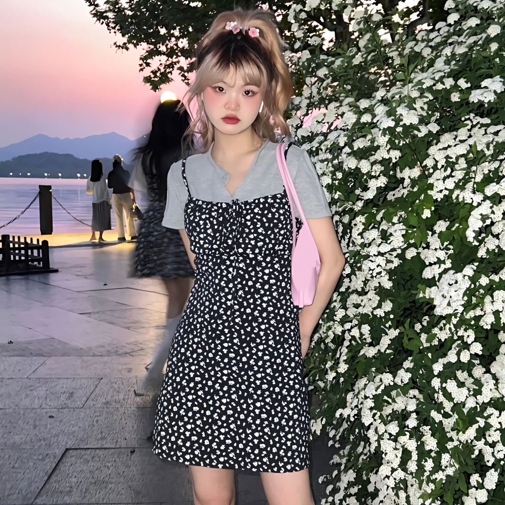 兩件套裝/單件夏季韓系碎花吊帶連衣裙復古法式顯瘦A字裙+內搭T恤