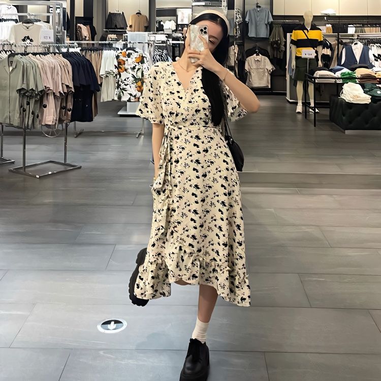 French soft girl sweet tie short-sleeved floral dress female summer new waist pure desire wind gentle fairy skirt